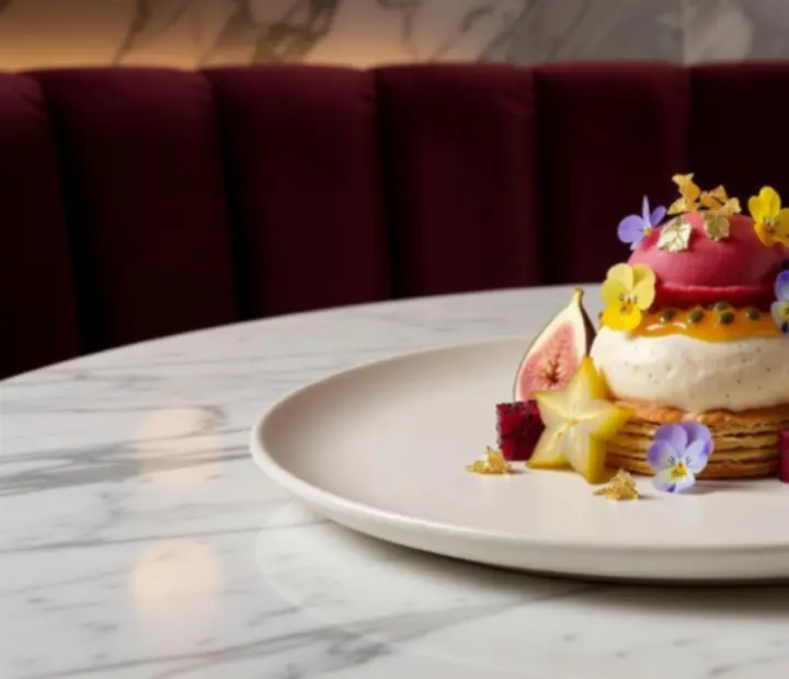 Kézműves, gourmet desszert elegáns tányéron