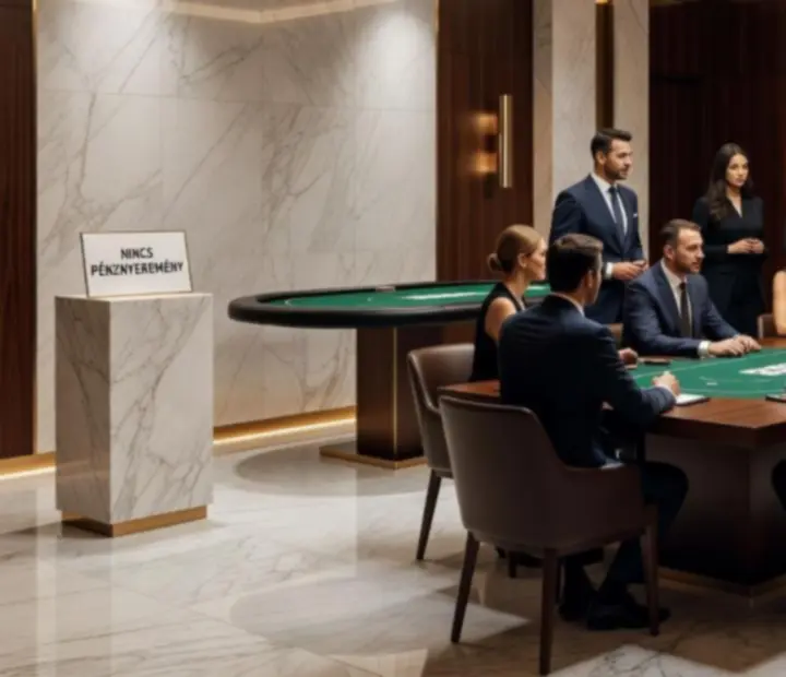 Céges csapatépítő vacsora elegáns teremben, poker asztallal és szimbolikus zsetonokkal
