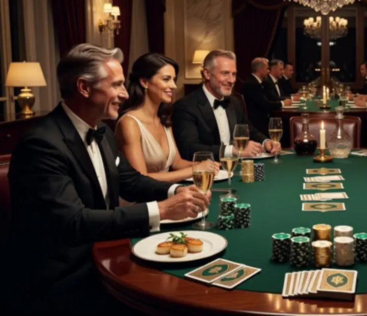 Elegáns poker asztal gyertyafényben, szimbolikus zsetonokkal és dizájner kártyákkal