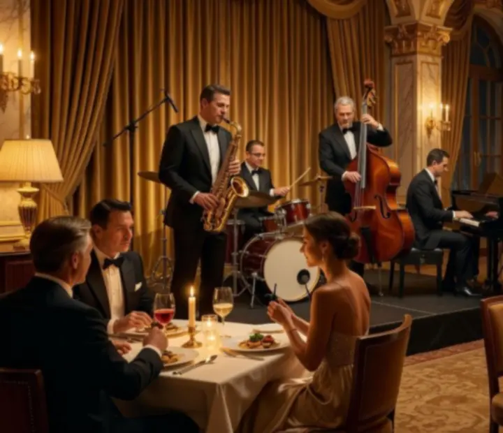 Élő jazz zenekar játszik elegáns vacsora közben