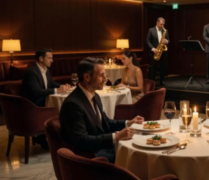 Élő jazz zenészek elegáns, gyertyafényes éttermi környezetben, stílusosan öltözött vendégekkel
