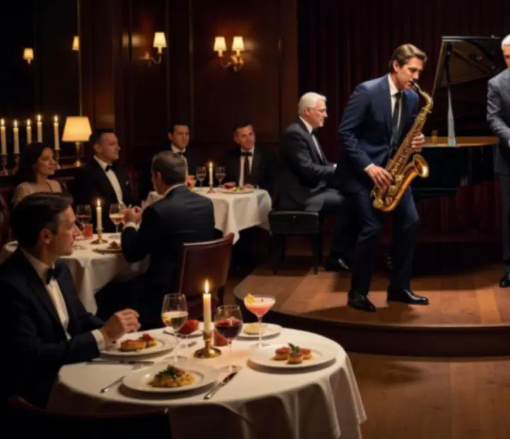 Élő jazz zenekar játszik egy elegáns étteremben, gyertyafényes asztalok mellett