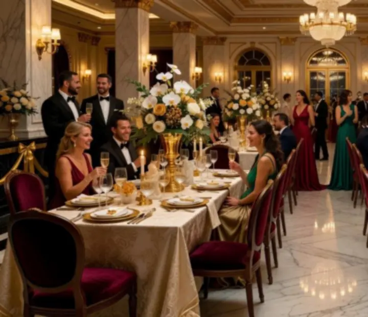 Elegáns, gyertyafényes rendezvényterem terítéssel és gourmet vacsorához készített asztalokkal