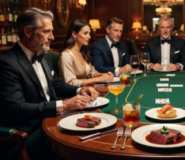Gourmet vacsora fine dining fogásokkal és poker asztallal, szimbolikus zsetonokkal.