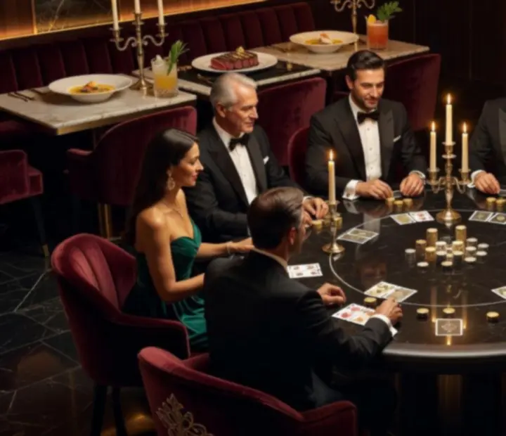 Elegáns poker est gourmet éttermi környezetben, szimbolikus zsetonokkal és designer kártyákkal.