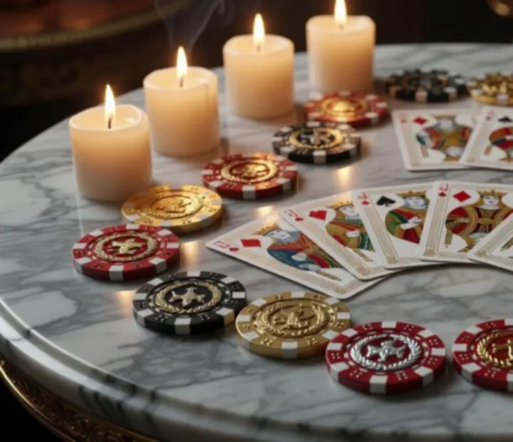 Gyertyafényben megvilágított asztal szimbolikus poker zsetonokkal és elegáns kártyákkal