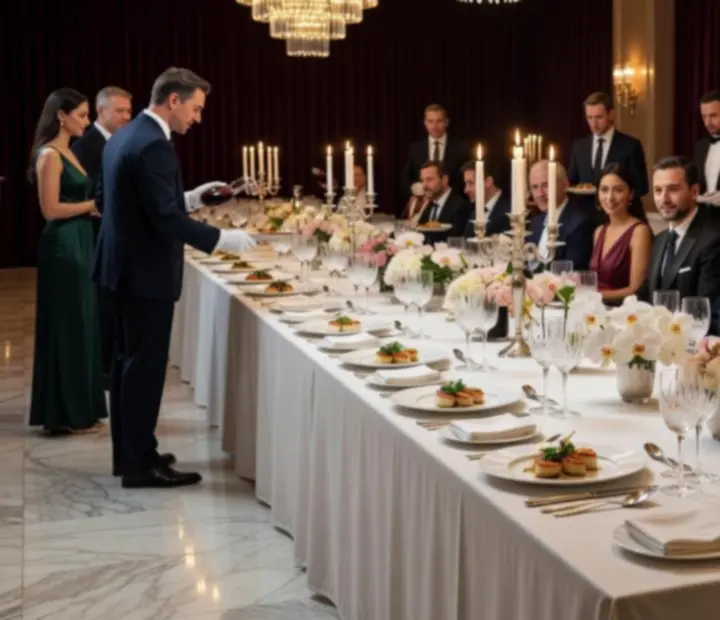 VIP üzleti gálaest gyertyafényes, fine dining vacsorával, elegáns terítéssel és prémium borokkal