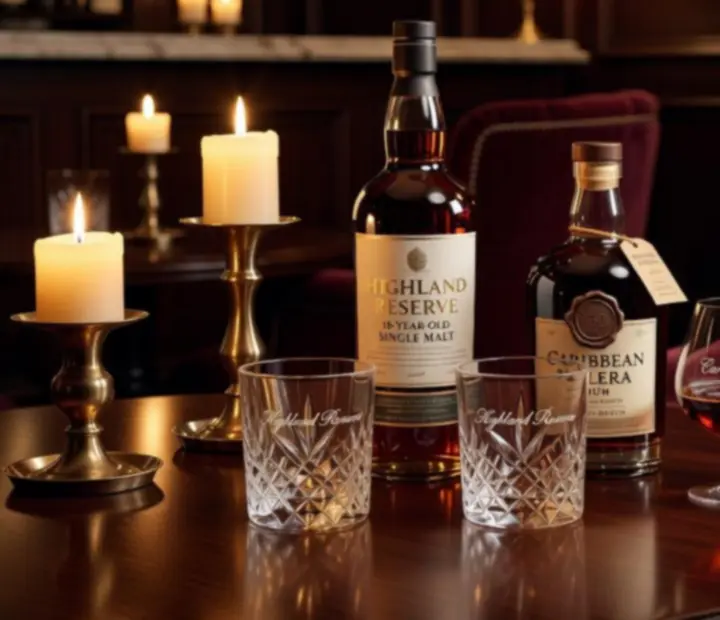 Prémium whisky és rum palackok elegáns bárbelsőben